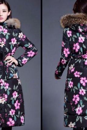 Ready for Shipping Black Parkas for Women Black Winter Coats Thick Padded Warm Printed Flowers with Adjustable Waist