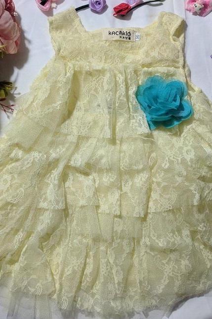 Ready to Ship Yellow Dress for Baby Girls Dress Tops Floral Lace for Baby Girls