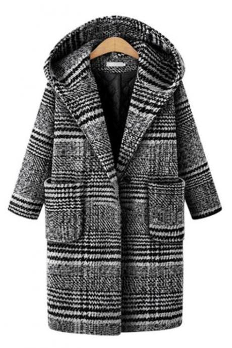 Plus Sizes 5XL,6XL Hooded Black Winter Coats for Women Wool Black Checkered Blazers for Women Winter Jackets for Women