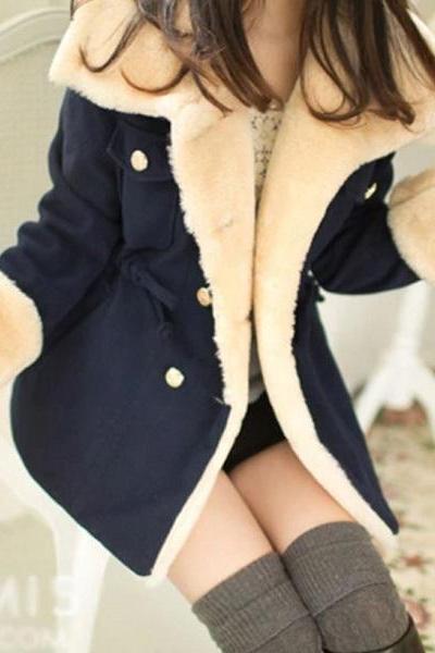Rsslyn Fashion Wool Navy Blue Jacket with Thick Fur Lining Warm Fleece Turtleneck Coats