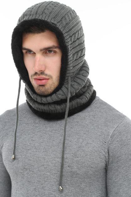 One Piece Gray Winter Hats for Men Wool Knitted with Matching Attached Neck Warmers for Men