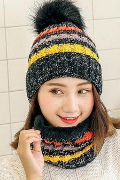 Black Winter Hats for Women Multicolored Thick and warm Knitted with Matching Black Neck Warmers for Women Teen Girls and Girls