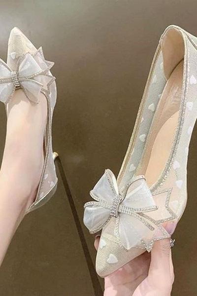 Rsslyn Ivory Beige Shoes for Women Mesh High Heels Pointed Toe Butterfly Bowknot
