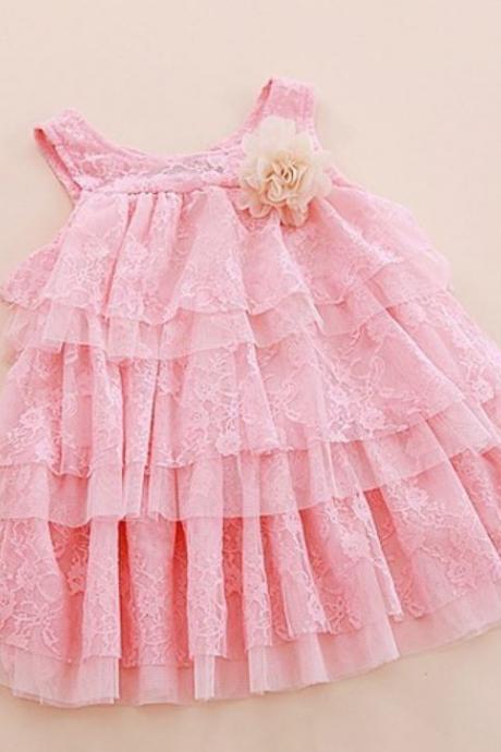 2019 Infant Dress Girls Pink Ballgown Dress Tiered Embroidery Laced Sleeveless Pink Dresses