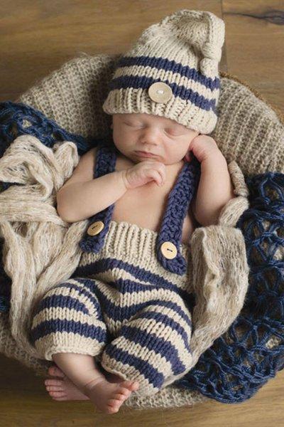 Newborn Boys Props Photography Props Boys Beige Hat Matching Stripe Jumpsuit Navy Blue Hats