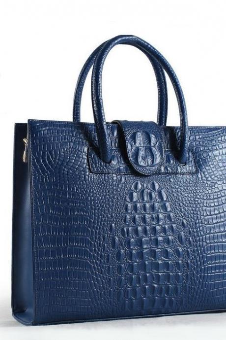 High Quality Business Computer Laptops Leather Bags for Women with Croc Skin Grain Nice Blue Tote Bags FREE Shipping with FREE Key Chains