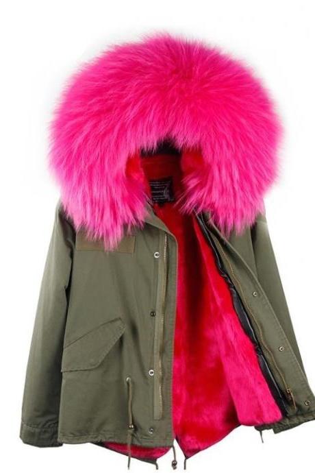 RSS Boutique Green Jackets for Women Real Thick Raccoon Fur Jackets