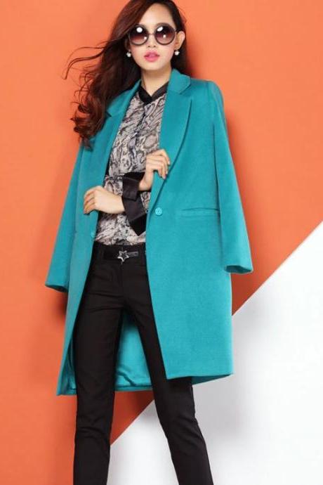 New Fashion Long Blazers Warm Wool and Blends Turquoise Blazers for Women