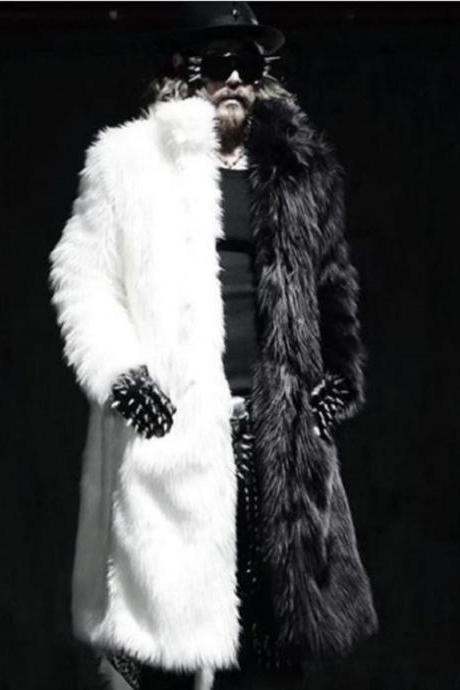 Dual Sides Back to Back Fur Black Overcoats for Men Half and Half Color Black Coats for Men Faux Fur Show Time