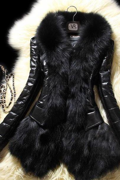 Pretty Black Jackets for Women with Real Rabbit Fur Coats for Women Black Coats Black Leather Jackets