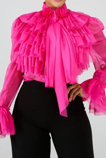 New Arrival Hotpink Blouses for Women Rose Pink Tops for Women Ruffled and Layered Tops