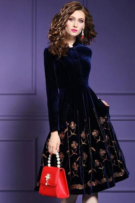 Bella Women Fashion Dress Coats High Quality Navy Blue Velvet Knee Length Embroidery Sequined Dress for Women