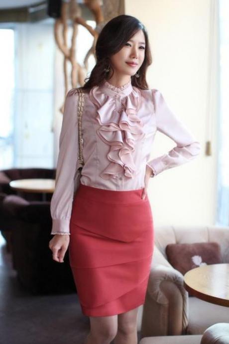 Lovely Ruffled Pink Tops for Women Elegant Chiffon Blouses for Women-Pink Vintage Blouse