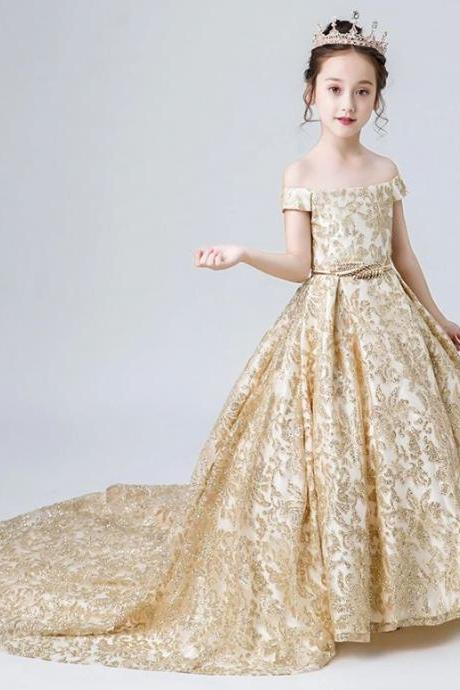 New Luxury Royal Girls Off Shoulder Golden Dress with Golden Crown and Golden Belt for Tween Girls-COMBO SET