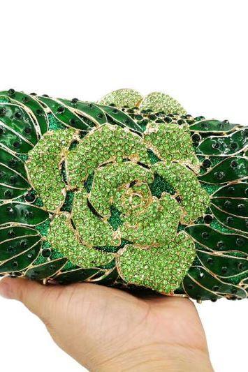New Trendy Floral Handbags Bridal Bags RSS Boutique Beaded Green Clutch for Women Enamel Crystal Clutch