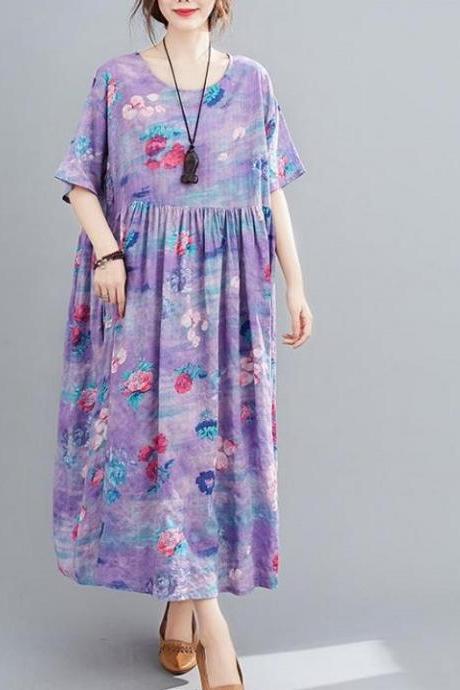 Rsslyn High-Quality Linen Dress Lavander Abstract Color Short Sleeves Linen Dresses for Women Plus Size Clothes for Plus Size Women