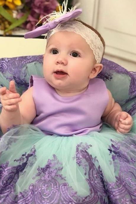 Birthday Girls Lavander Ballgown Dresses Birthday Gift for Granddaughters with Big Bow Headband-Purple Gowns-Purple Dress for Baby Girls