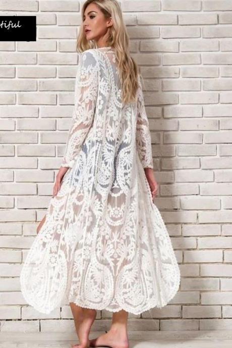 2020 Crochet Kimono Lacy Ivory White Cardigan for Women Sheer Kimono Dresses for Women