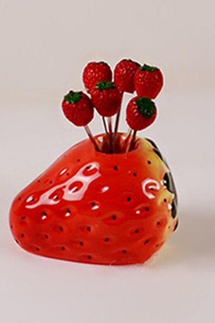 Strawberry Fruit Fork Holder-Wedding Suit Stainless Steel Forks-Party Cake Dessert Fork Holder-Ceramic Strawberries