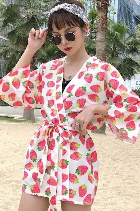 Classy Strawberry Kimono for Women-Summer Wrap Around Strawberry Robes for Beach Swimming Pool Tops