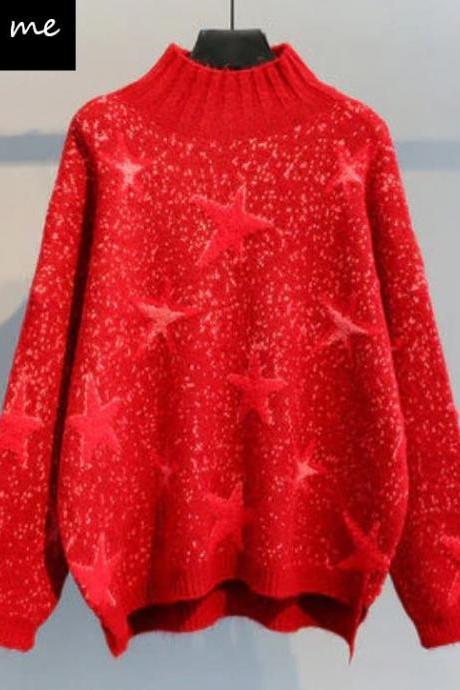 Pretty Red Sweaters with Stars and Speckled Pattern-Plus Size Sweaters-Turtleneck Loose Fit Sweaters