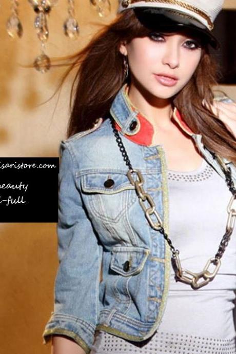 Timeless Women's Red Buckled High Collar Denim Cropped Jackets for Women Slim Teenage Girls Jackets