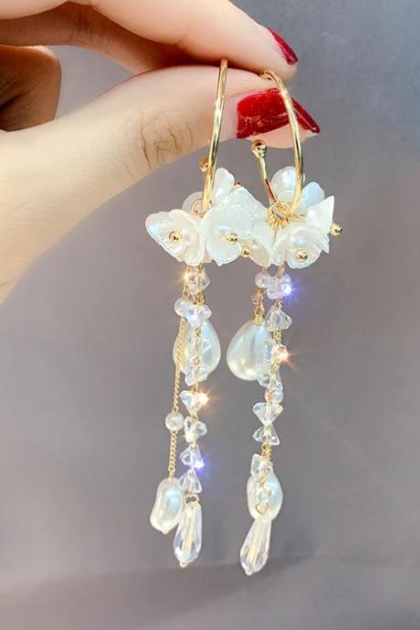 Long Drop Earrings for Women-Wedding Jewelries for a Bride-Dangling White Pearl Earrings-Off White Floral Earrings