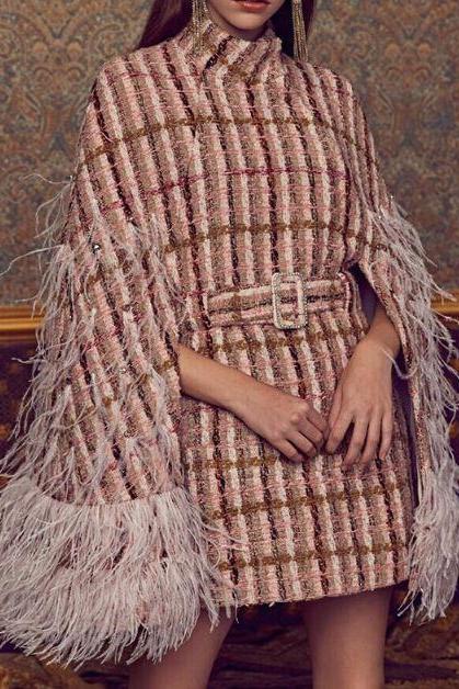 Turtleneck Cloaks for Women-Patchwork Feathers and Diamonds-Pink Plaid Women's Capes-Tweed Raglan High Waist Fashion Clothes for Women-Plus size clothes