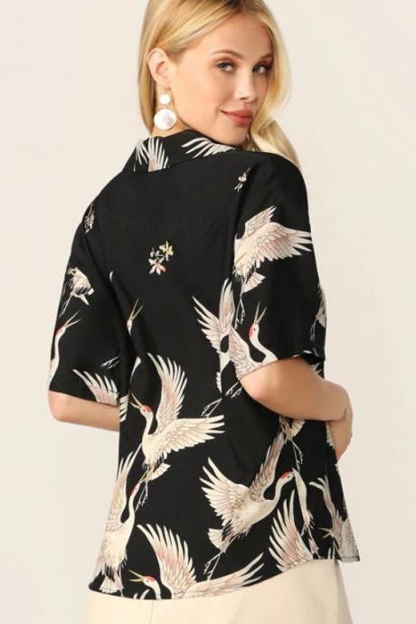 Short Sleeves Black Blouses for Women with Crane Birds-Loose Fit-Crane Print Revere Collar Shirt Boho Black Notched