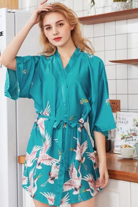 Bath Robes for Women-Turquoise Color Motif Preparation for Wedding-Printed Crane Birds Kimono for Women