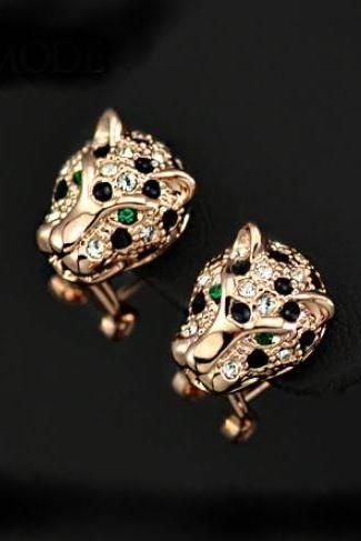 Birthday Gift Cubic Zircon Luxury Leopard Head Earrings for Women-Leopard Stud Earrings-Fashion Leopard Clip Earrings