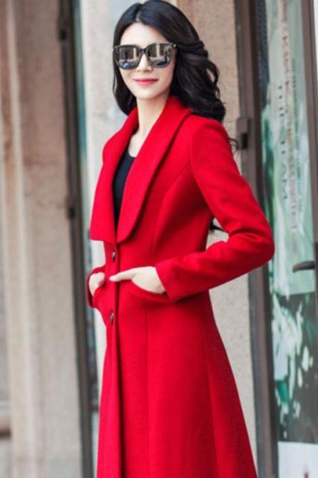 Ready to Ship Wool Red Overcoats for Women With Big Lapel Thick and Warm Wool for Winter Season