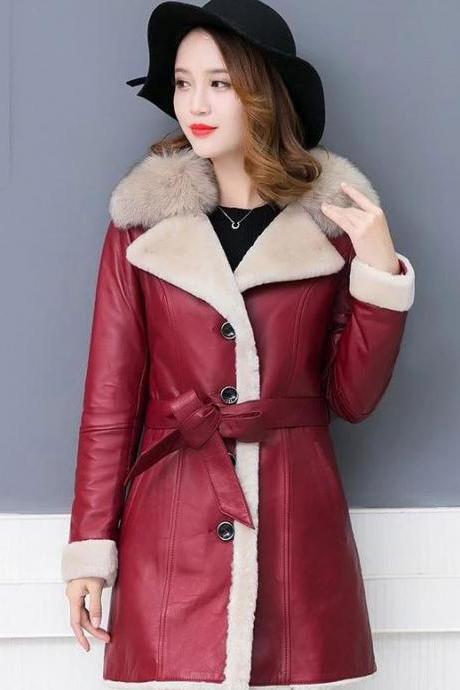 Sheepskin Leather Jackets for Women New Red Coats for Women with Free Winter Hat