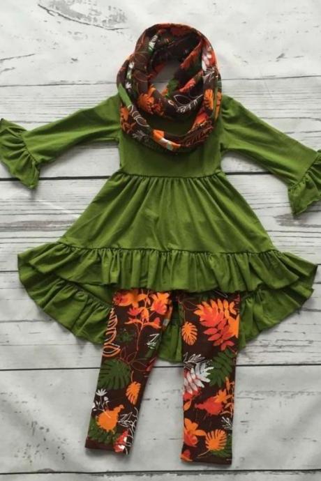 SALE Green Scarf and Green Blouse and Green Leggings Set Ruffled Asymmetrical Blouse Pretty Green Fall Outfits for Girls