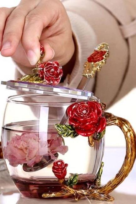 Rsslyn 3pcs/SET High-Grade Glass with Molded Red Roses Tea Cup with Lid or Cover and Spoon Mother's Day Gift