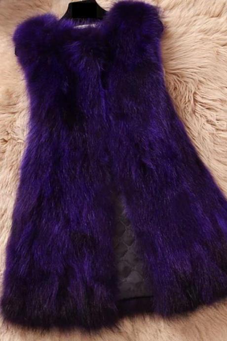 Genuine Fox Fur Gilet for Women-Purple Fox Fur Gilet Purple Vest for Women-Purple Clothing Vest Long Plus Size