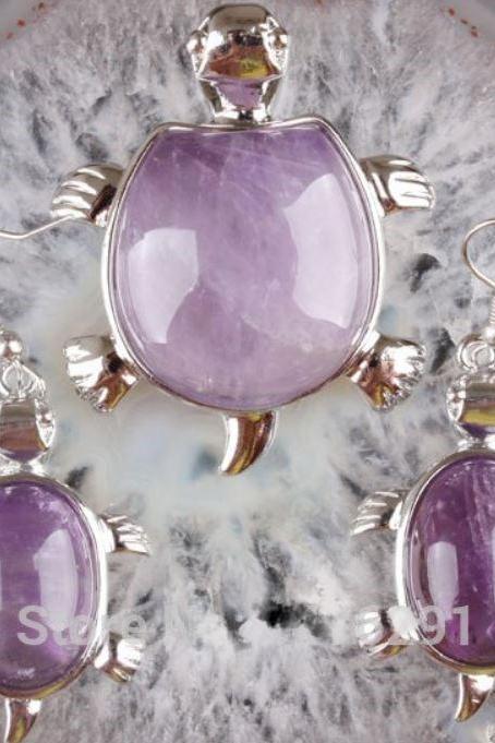 Purple Jewelry Sets for Women-Purple Crystal Turtle Gem Bead Pendant Dangle Earrings Jewelry Set-Tortoise Set