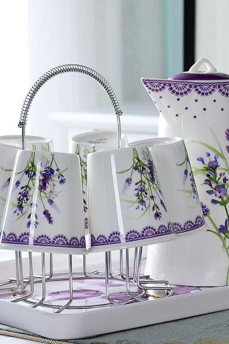 9pcs/SET Purple Wedding Favors and Gifts-Good House Keeping-Coffee Kettle with Cups, Teapot Porcelain Espresso cup, Coffee Pitcher,