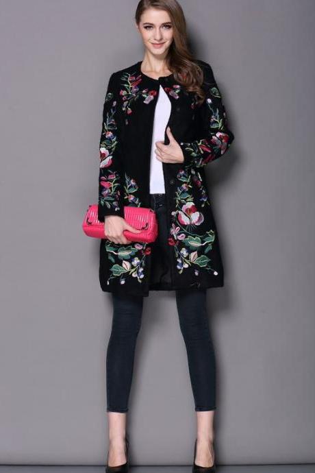 New Wool Black Trench Coats for Women Winter Coat Embroidered Neck Long Sleeved O Button
