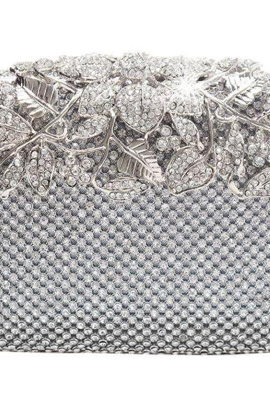 New Evening Bags and Purses for Women-Bridesmaids Silver Handbags-Unique Clasp Silver Diamante Crystal Diamond Evening bag Clutch Purse Party Bridal Prom