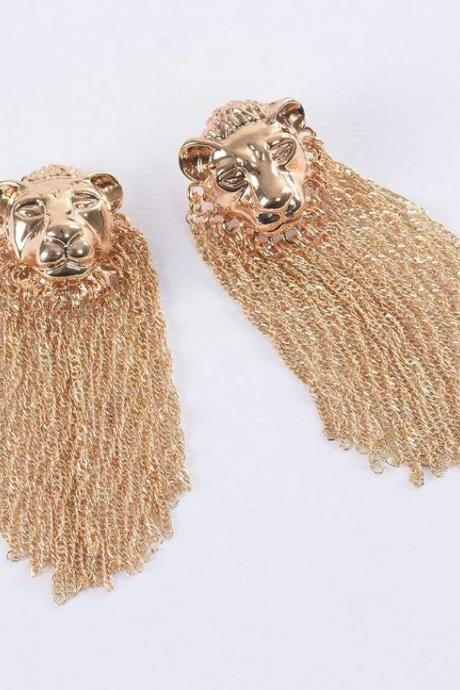 New Golden Lion Head Tasseled Earrings for Women-Exaggerated Lion Head Metal Chain Tassel Dangle Earrings