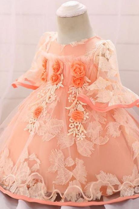 Peach Dress for Baby Girls Formal Wear with Free Headband-Floral Dresses