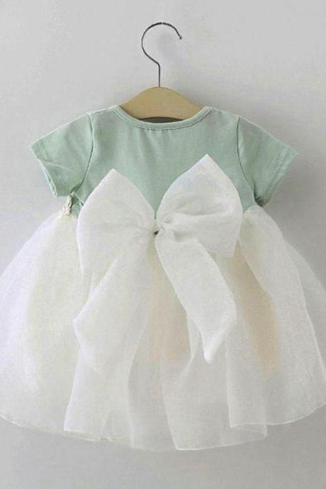 Soft Mintgreen Dress for Girls Spring Dress for Spring Babies Short Sleeves Cotton Dress for Baby Shower Gift Idea with Big Bow Tie