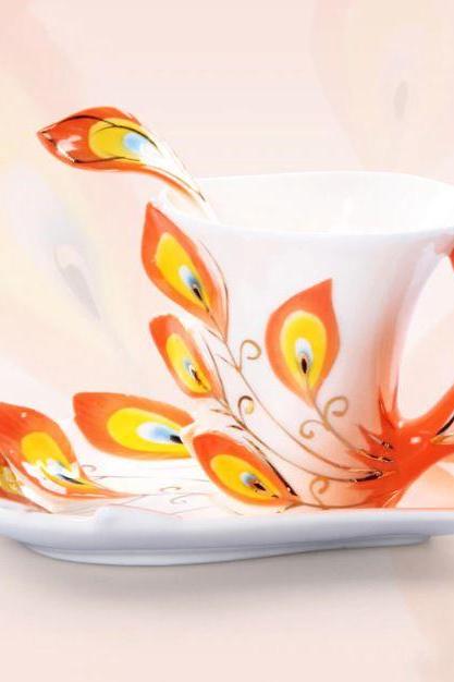 Orange Swan Tea Cups for Women-Home Decor Ceramics Creative Design Peacock Coffee Cups Ceramic 3D Enamel Porcelain Cup with Saucer and Spoon Coffee Tea Sets