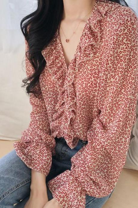 SALE! Red Blouse for Women Printed Little Roses Fashion Ruffled Blouse Spring Time Red Tees for Women Spring Blouses Floral Blouses