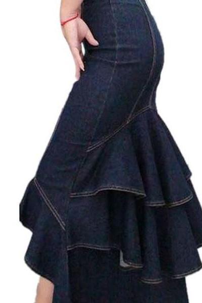 FREE SHIPPING Denim Skirt Long Dove Tail Ruffled Mermaid Slim Skirt Long Luxury Skirts for Luxury Women FREE BROOCH
