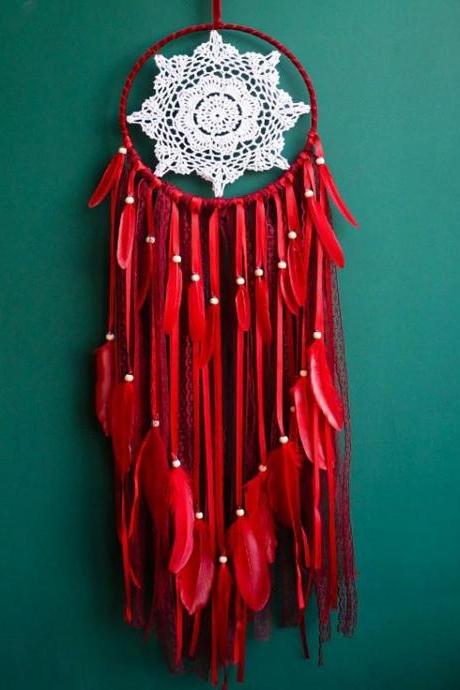 Red Dream Catcher Feathers and Lace Decoration-Laced Crocheted Stars for Home Decoration-Fuller Laces Dream Catcher-Beaded Dream Catchers