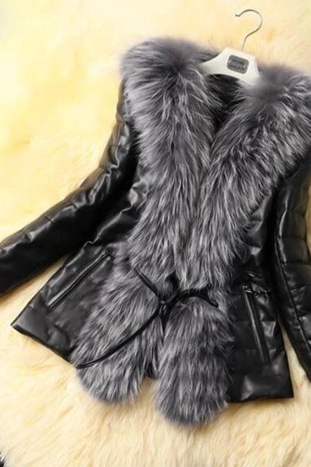 Rsslyn Fashion Leather Jackets for Women Faux Fur Collar