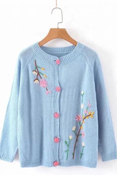 Spring Blue Tops for Women Fashion Blue Sweater for Women Embroidery Flower Pretty Rose Buttons Soft Cardigan Feminine Cardigan Sweaters for Plus Size Women
