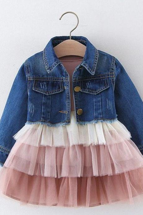 Traditional Denim Jackets for Infant Girls-RSSLyn 2pcs/Set Cropped Denim Jackets for Baby Girls Western Jacket with Matching Tutu Dress